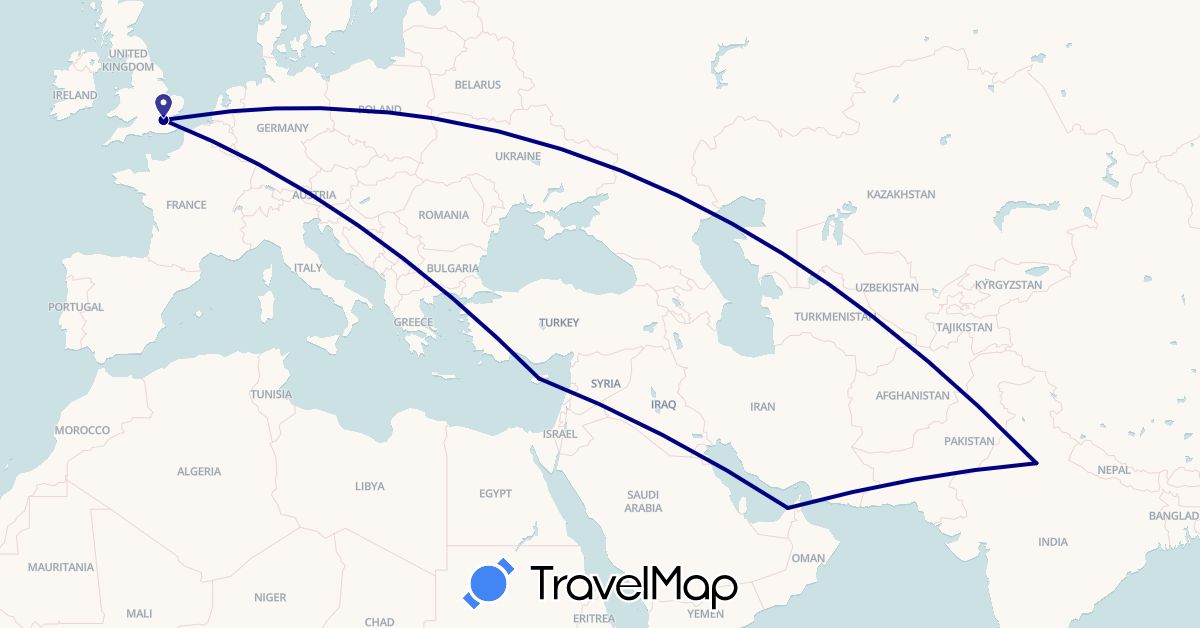 TravelMap itinerary: driving in United Arab Emirates, Cyprus, United Kingdom, India (Asia, Europe)